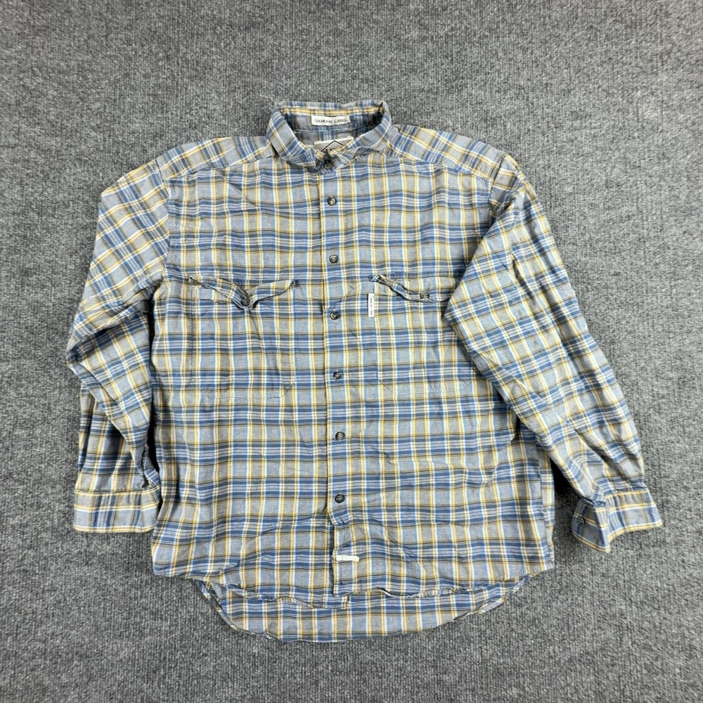 Vintage‎ Levi's Shirt Mens Medium Blue Plaid Flannel Diamond Label Band Collar